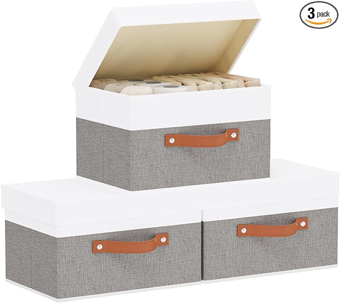 Fabric Storage Boxes with Lids, Linen Foldable Cloth Baskets, Closet Organizer by YheenLf