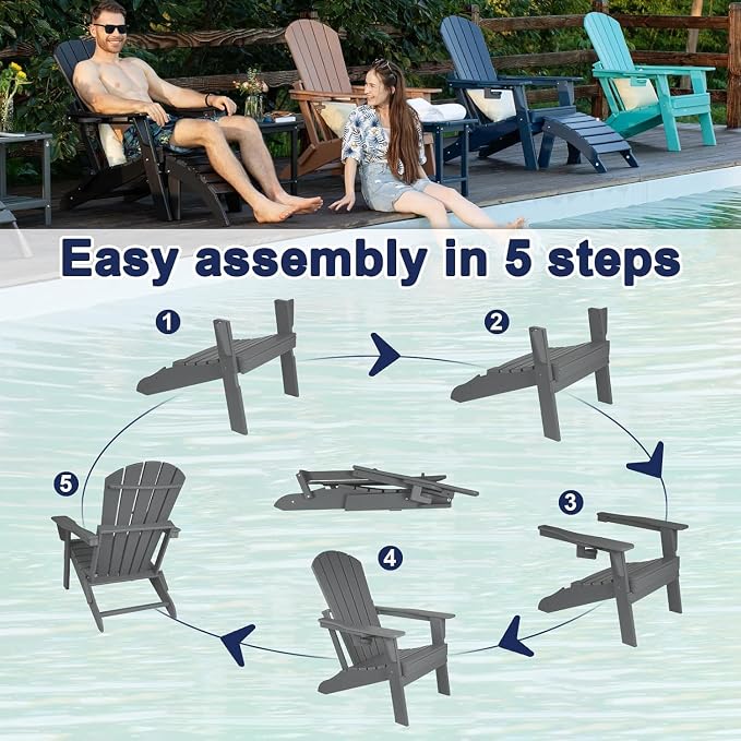 Folding Adirondack Chair with Cup Holder Set of 2, HDPE Patio Chairs, - Image 8