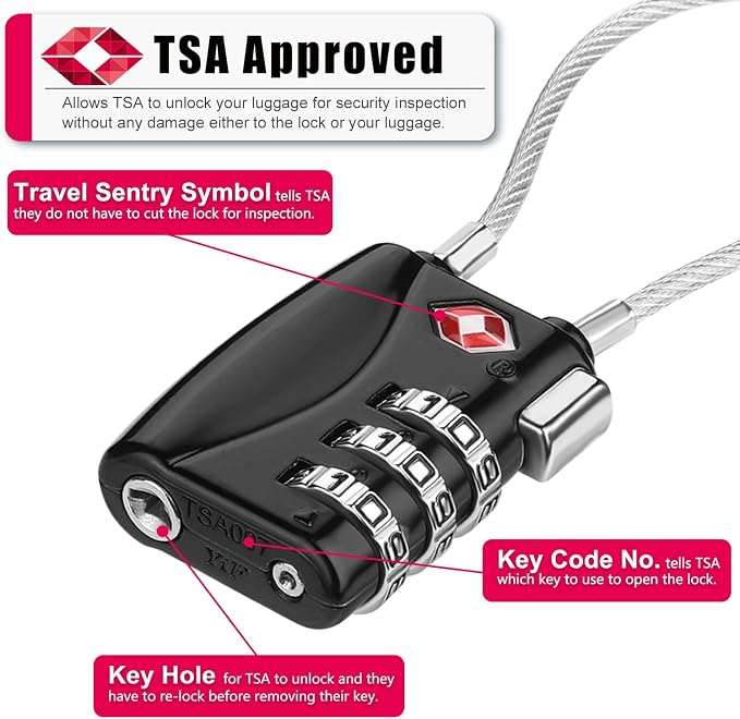 ZHEGE Luggage Lock TSA Approved 3 Digit Travel Cable Padlock - Image 2