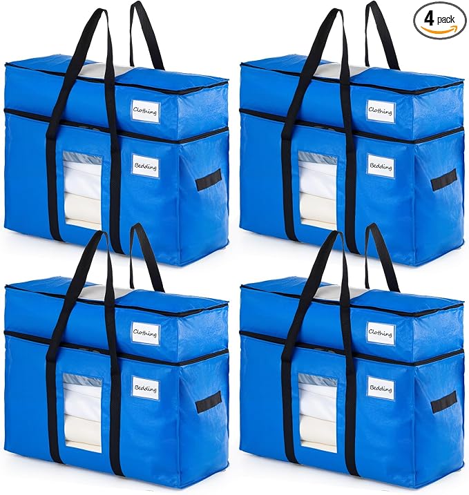 TAILI 2 Tier Extra Large Moving Bags, 4 Pack Blue Heavy Duty Totes by TAILI
