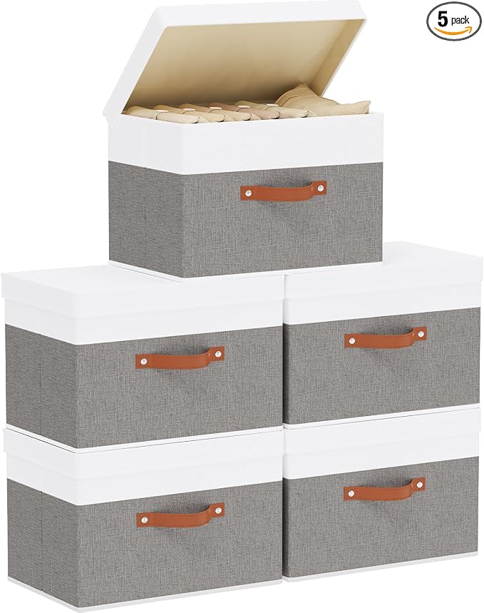 Fabric Storage Boxes with Lids, Linen Foldable Cloth Baskets, 17.7 x 11.8 x by YheenLf