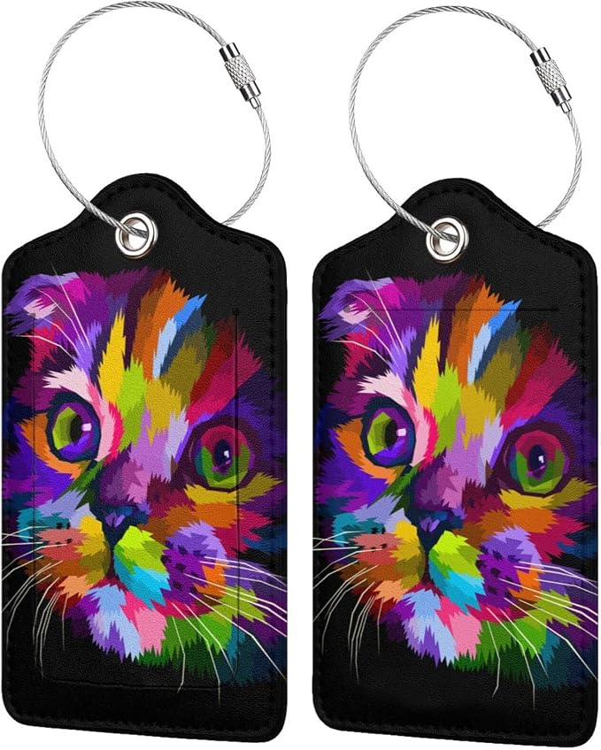 Cute Cat Leather Luggage Tags for Adults Teens, 2 Pack Colorful Art Kitten by OUZPGAQ