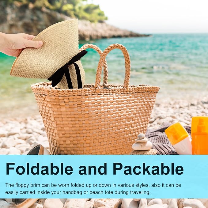 DRESHOW Beach Hats for Women Big Straw Wide Brim Summer Hat Floppy Foldable - Image 5