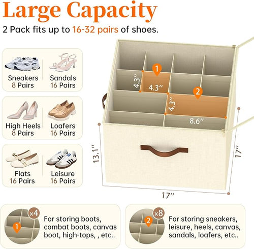 3 Pack Shoe Organizer for Closet, Foldable Shoe Storage Containers, Fits 24-48 - Image 2