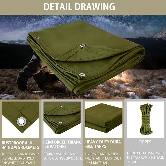 FoundGo Canvas Tarp 10x16ft Heavy Duty Waterresistant Tarps - Image 5