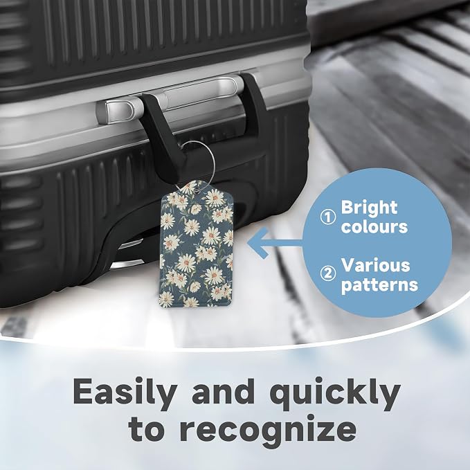 2 Pack Leather Luggage Tag for Suitcase Retro Daisy Flower Unique Travel Tags - Image 4