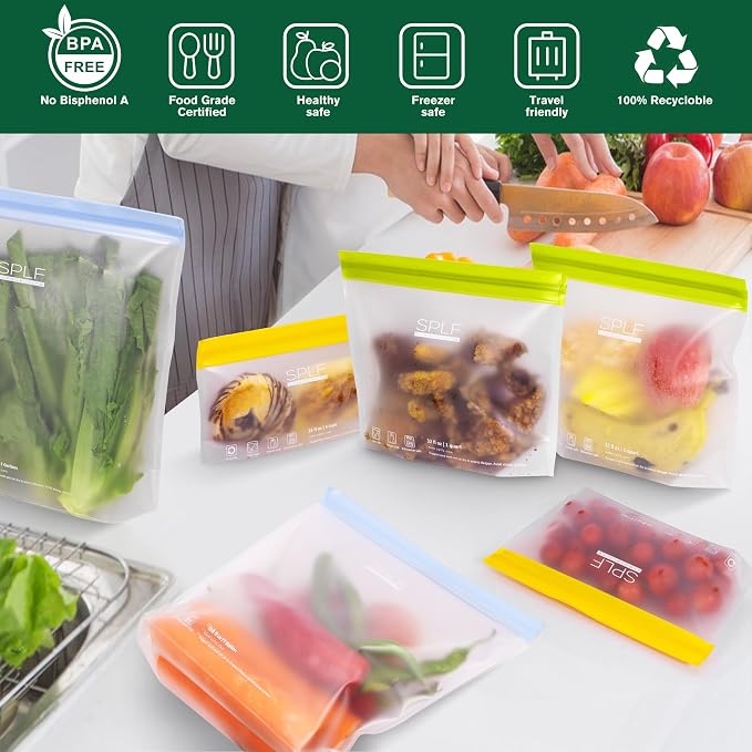 SPLF 6 Pack Stand-Up Reusable Gallon Freezer Bags Dishwasher Safe, Extra Thick - Image 2