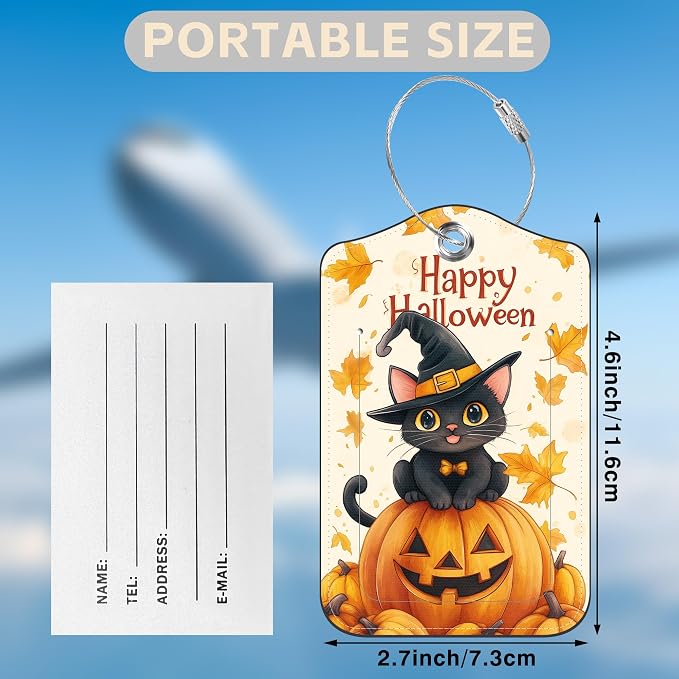 Halloween 2 Pack Luggage Tags for Suitcases Cute Black Cat on Pumpkin Leather - Image 2