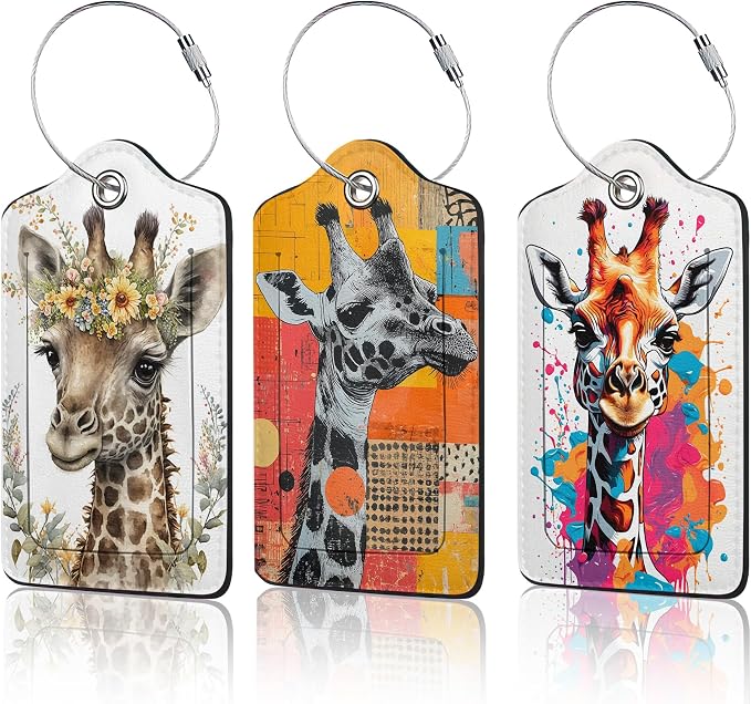 Cute Giraffe Luggage Tags for Suitcase, 3 Pack Funny Luggage Tag Leather by Unknown
