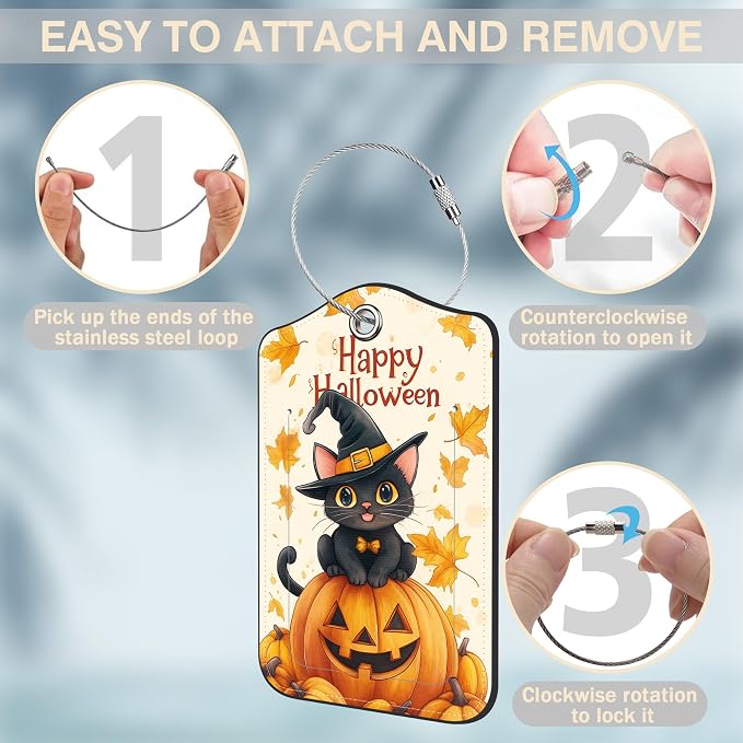 Halloween 2 Pack Luggage Tags for Suitcases Cute Black Cat on Pumpkin Leather - Image 4