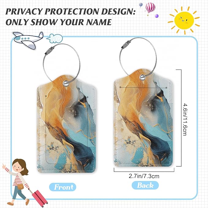 3 Pack Luggage Tag for Suitcase, Marble Gold Blue Leather Luggage Tags - Image 2