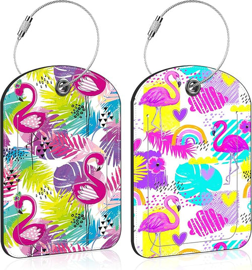 2 PCS Leather Luggage Tag for Suitcase Tropical Leaf and Flamingo Travel by Unknown