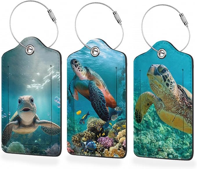 3 Pack Luggage Tag for Suitcase, Hawaiian Sea Turtle Leather Luggage Tags by BUYIDUI