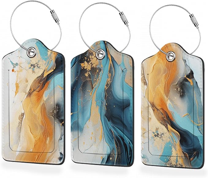3 Pack Luggage Tag for Suitcase, Marble Gold Blue Leather Luggage Tags by BUYIDUI