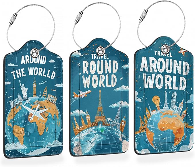 Around The World Travel Art 3 PCS Luggage Tags, Flight Map Leather Suitcase Tags by Losthll