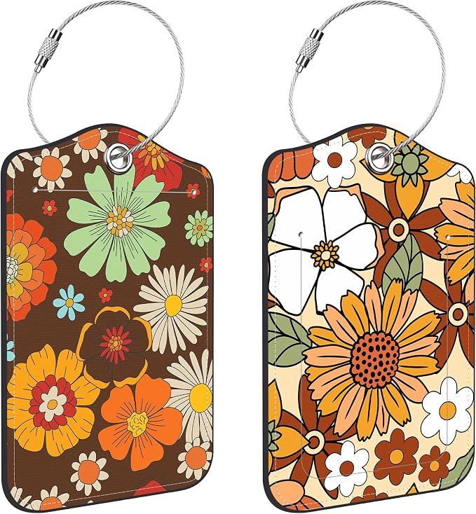 70s Retro Floral Luggage Tags for Suitcases Leather Travel Tags for Luggage ID by Unknown