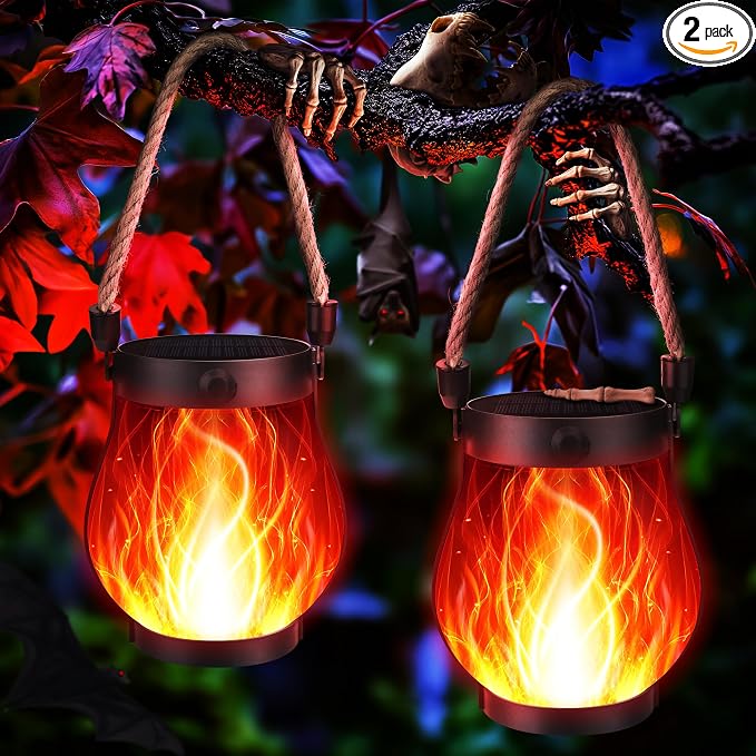 Halloween Solar Flame Lantern Hanging Outdoor Waterproof Purple by Jyoiat