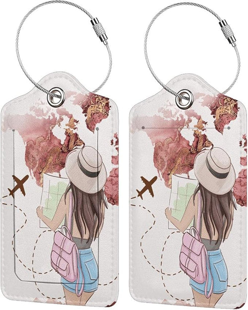 2 Pack Luggage Tags for Suitcase, Travel Girl PU Leather Travel Luggage Tag by South+Feather