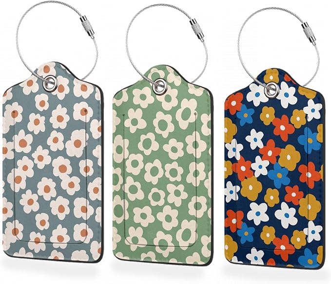 3 Pack Luggage Tag for Suitcase, Vintage Groovy Flowers Leather Luggage Tags by BUYIDUI
