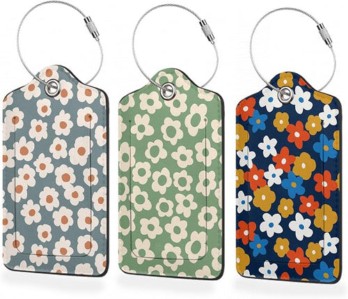 3 Pack Luggage Tag for Suitcase, Vintage Groovy Flowers Leather Luggage Tags by BUYIDUI
