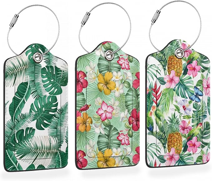 3 Pcs Luggage Tags for Suitcase, Tropical Palm Leaves and Flowers Luggage Tag by Oeaskly