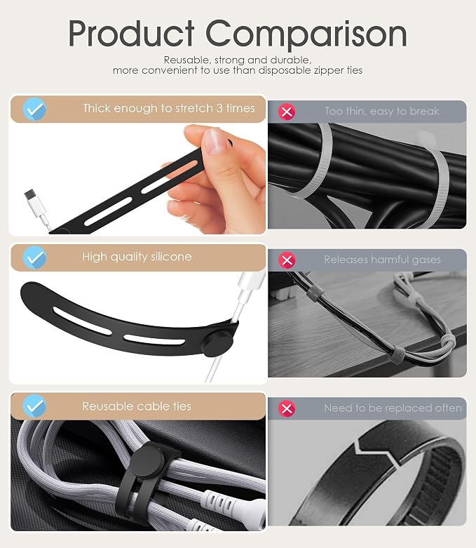 20Pcs Nearockle Reusable Cable Ties, Adjustable Silicone Cord Organizer Small - Image 3
