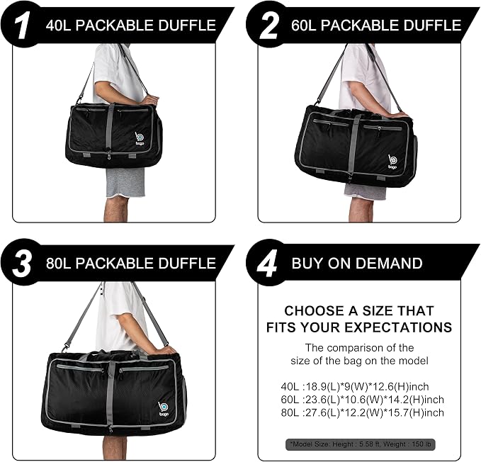 Bago Foldable Duffel Bags for Traveling Women & Men - 60L Medium Packable - Image 5