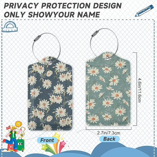 2 Pack Leather Luggage Tag for Suitcase Retro Daisy Flower Unique Travel Tags - Image 2