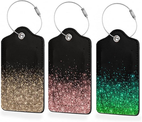 3 Pack Luggage Tag for Suitcase, Rose Golden Glitter Leather Luggage Tags by BUYIDUI