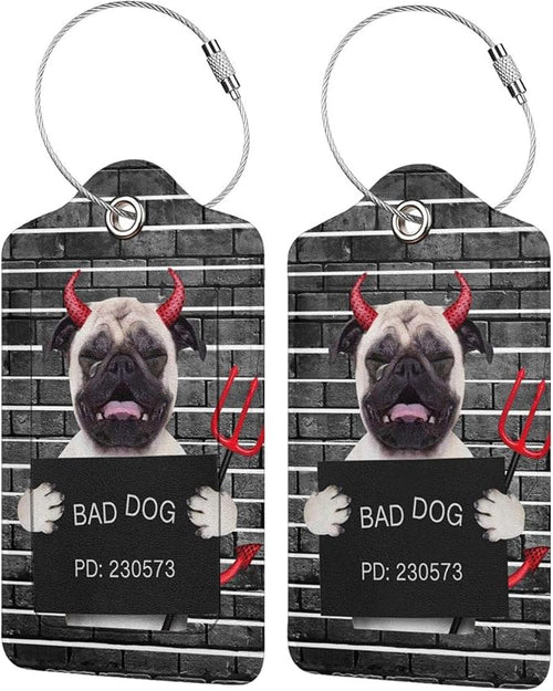 2 Pack Luggage Tags for Suitcase, Devil Pug Dog PU Leather Travel Luggage Tag by South+Feather
