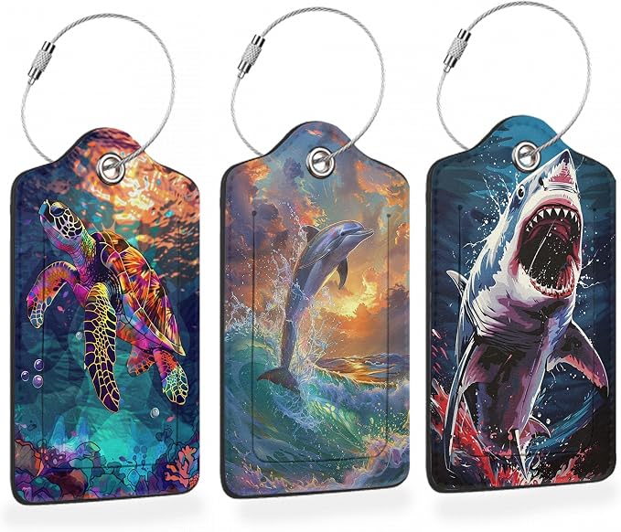 Colorful Turtle Shark 3 Pack PU Leahter Luggage Tag by Losthll