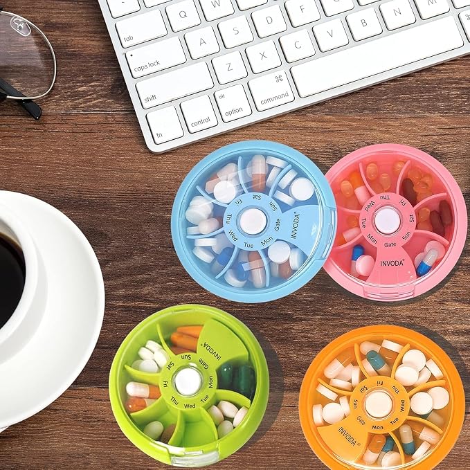 8PCS INVODA Weekly Pill Organizer 7 Compartment Rotating Pill Box - Image 8