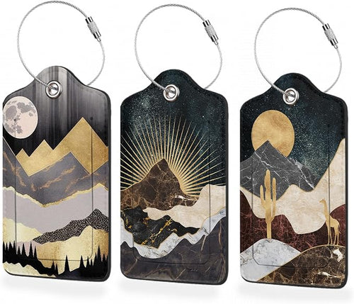 3 Pack Luggage Tag for Suitcase, Abstract Golden Mountain Leather Luggage Tags by BUYIDUI