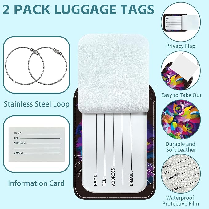 Colorful Cat Luggage Tag for Suitcase Set of 2 PU Leather Cute Luggage Tags - Image 2