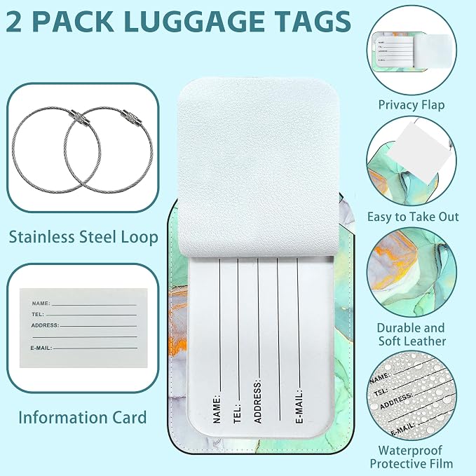 Emerald Marble Luggage Tag for Suitcase Set of 2 PU Leather Cute Luggage Tags - Image 2