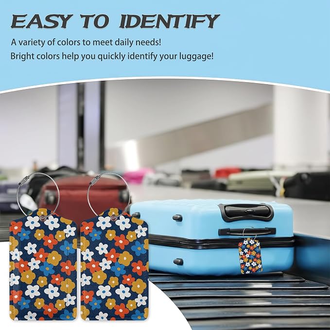 3 Pack Luggage Tag for Suitcase, Vintage Groovy Flowers Leather Luggage Tags - Image 5