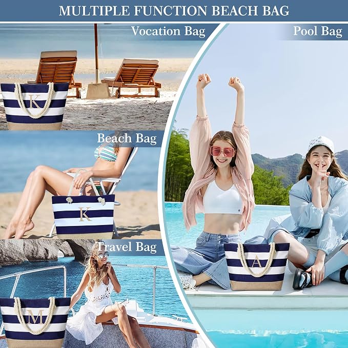 YOOLIFE Initial Canvas Waterproof Beach Tote Bag Zipper Personalized Gifts - Image 6