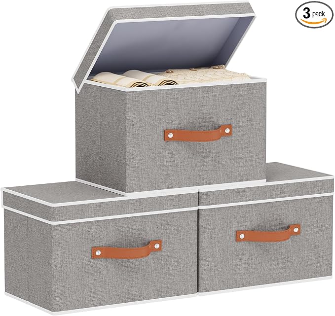 Collapsible Storage Bins with Lids, 3 Pack Linen Foldable Cloth Baskets by YheenLf