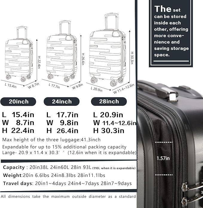 Coolife Luggage Expandable Suitcase 3 Piece Set - Image 6