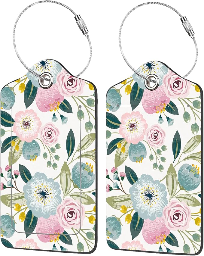 2 Pack Luggage Tag for Suitcase, Lovely Floral PU Leather Suitcase Tags by EOBKLAX