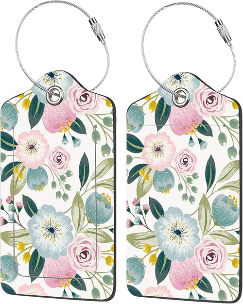 2 Pack Luggage Tag for Suitcase, Lovely Floral PU Leather Suitcase Tags by EOBKLAX