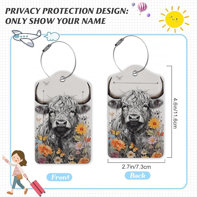 3 Pack Luggage Tag for Suitcase, Highland Cow Leather Luggage Tags - Image 2