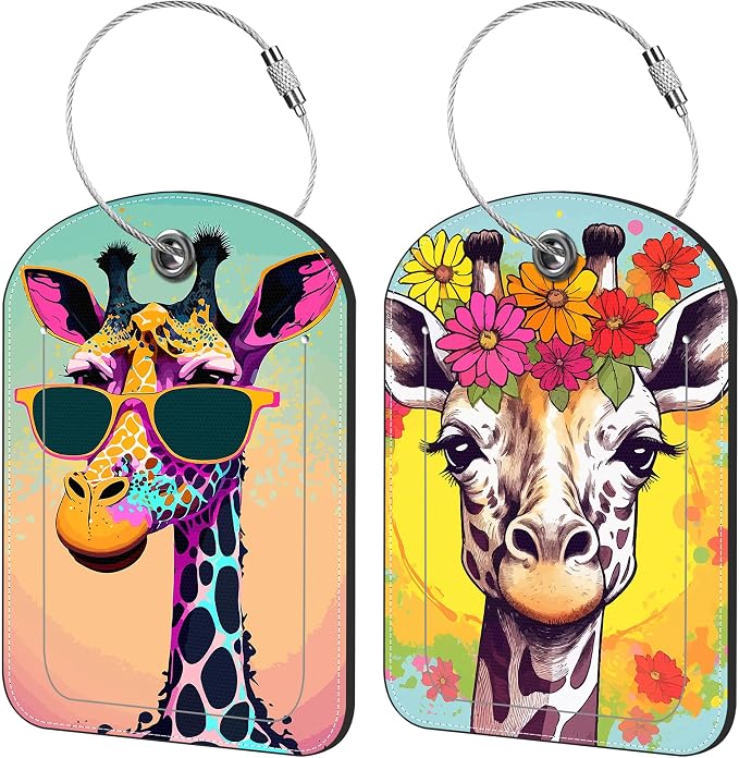 Funny Giraffe Luggage Tag for Suitcase Set of 2 PU Leather Cute Luggage Tags by iapodiad