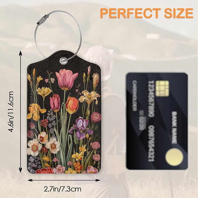 Colorful Boho Flowers 3 PCS Luggage Tags, Vintage Floral Leather Suitcase Tags - Image 2