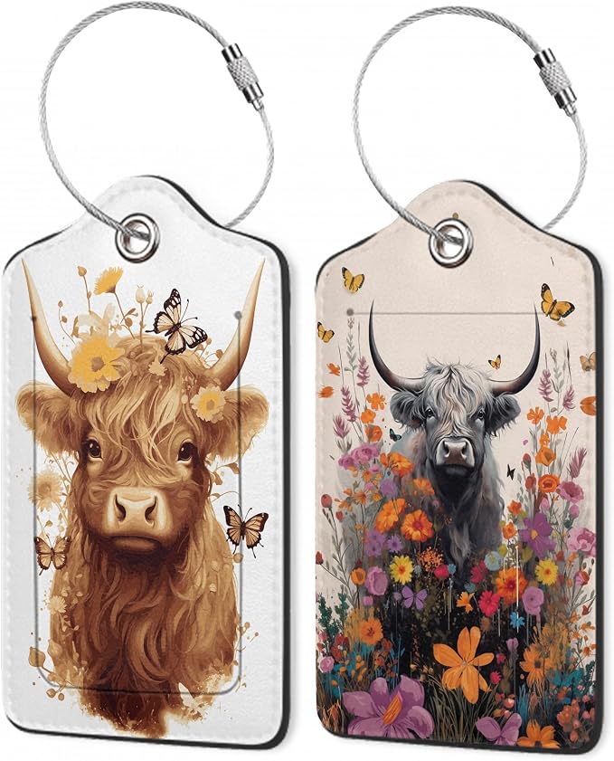 Highland Cow Luggage Tags for Suitcase, Flower Luggage Tags of Set 2 Leather by Unknown