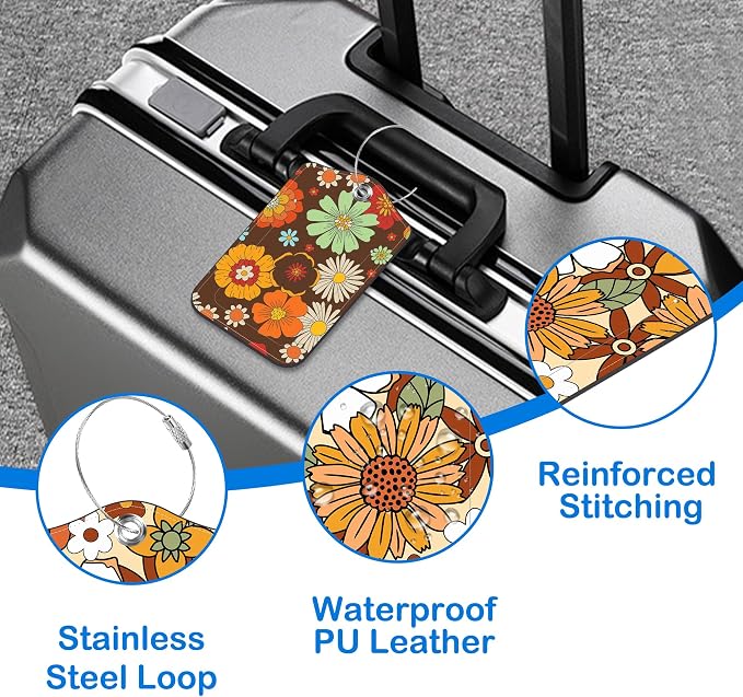 70s Retro Floral Luggage Tags for Suitcases Leather Travel Tags for Luggage ID - Image 4