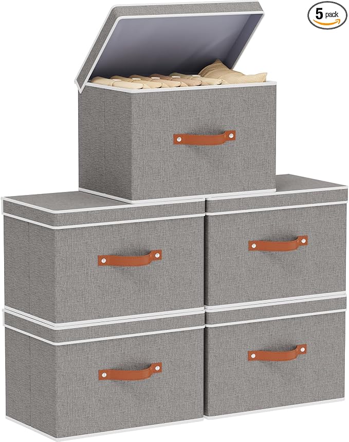 Collapsible Storage Bins with Lids, Linen Foldable Cloth Baskets, 17.7 x 11.8 x by YheenLf