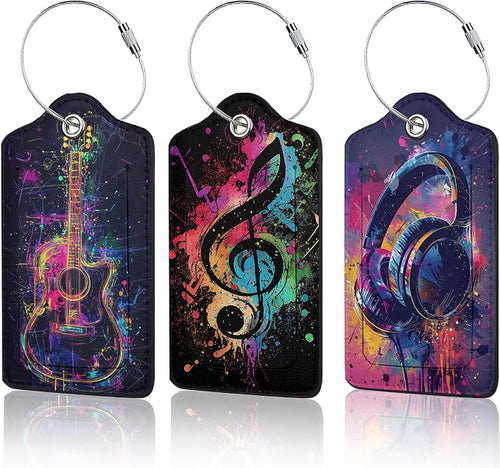 3 Pack Music Luggage Tags for Suitcases, Note Headphones Guitar Cute Leather by Unknown