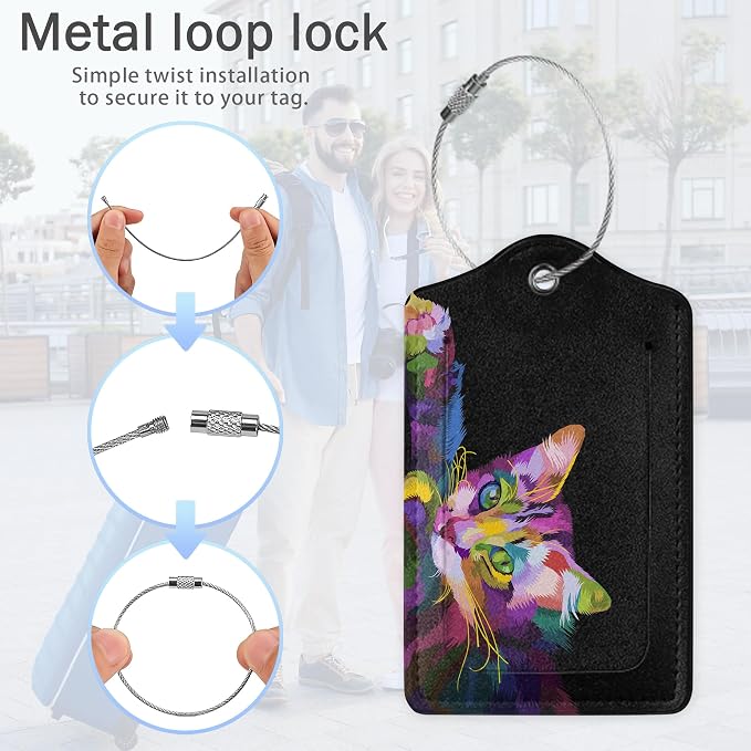Abstract Multicolored Cat Luggage Tags, 2 Pack Butterfly Luggage Tag, Leather - Image 5