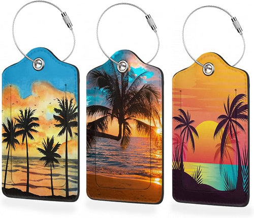 3 Pack Luggage Tag for Suitcase, Tropical Sunset Palm Leather Luggage Tags by BUYIDUI